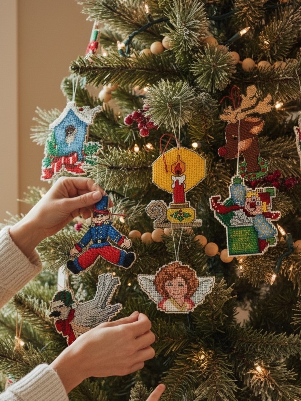 Handmade Cross Stitch Christmas Ornaments Set of 7 - Vintage Holiday Decor